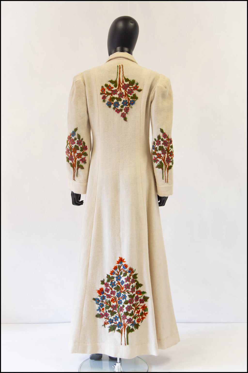 Vintage 1940s Cream Embroidered Wool Maxi Coat