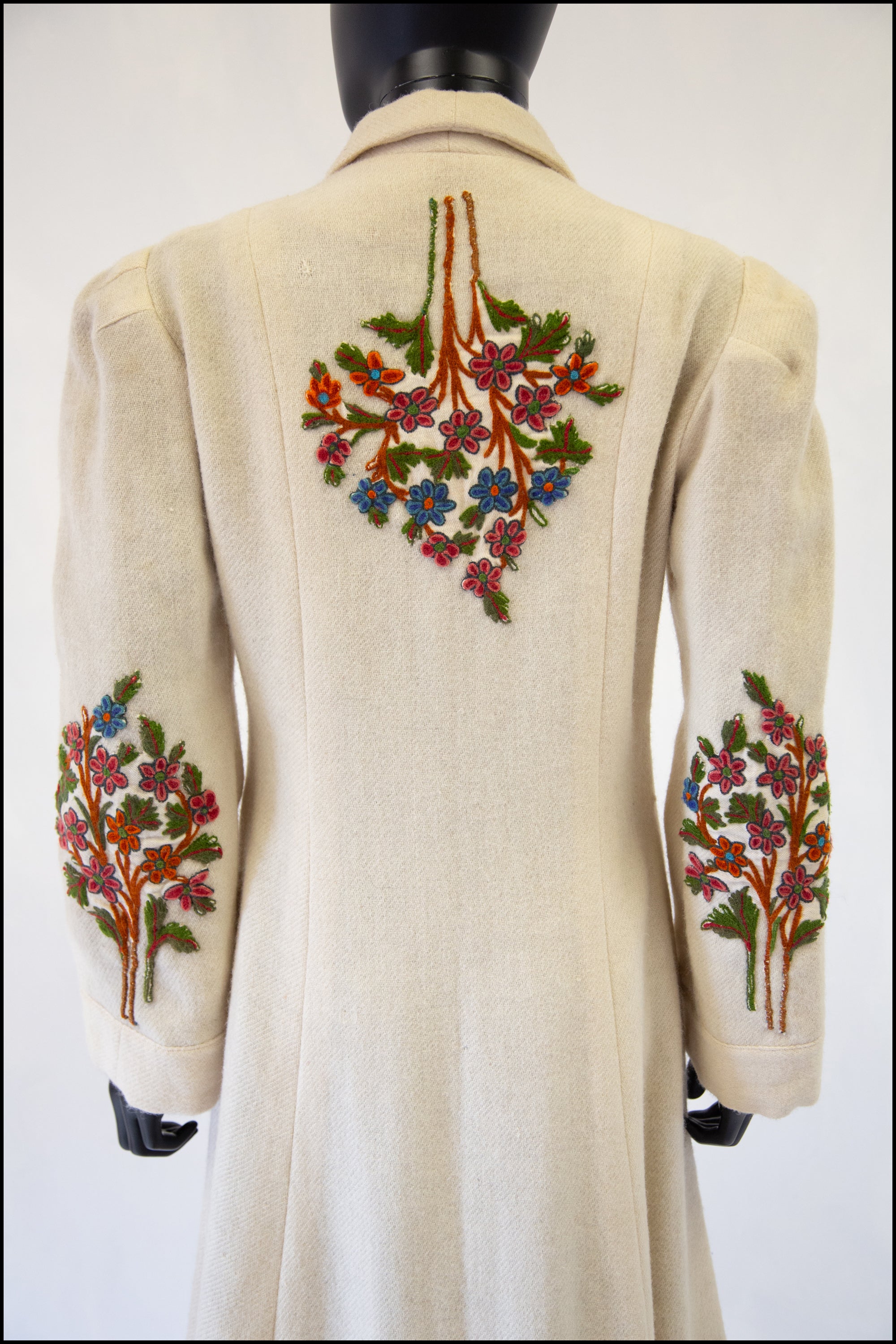 Vintage 1940s Cream Embroidered Wool Maxi Coat