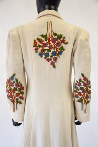 Antique Arts and Crafts Cream Embroidered Wool Maxi Coat