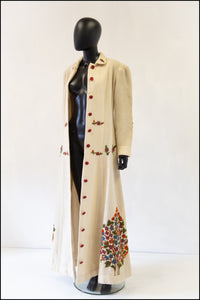 Antique Arts and Crafts Cream Embroidered Wool Maxi Coat
