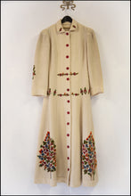 Antique Arts and Crafts Cream Embroidered Wool Maxi Coat