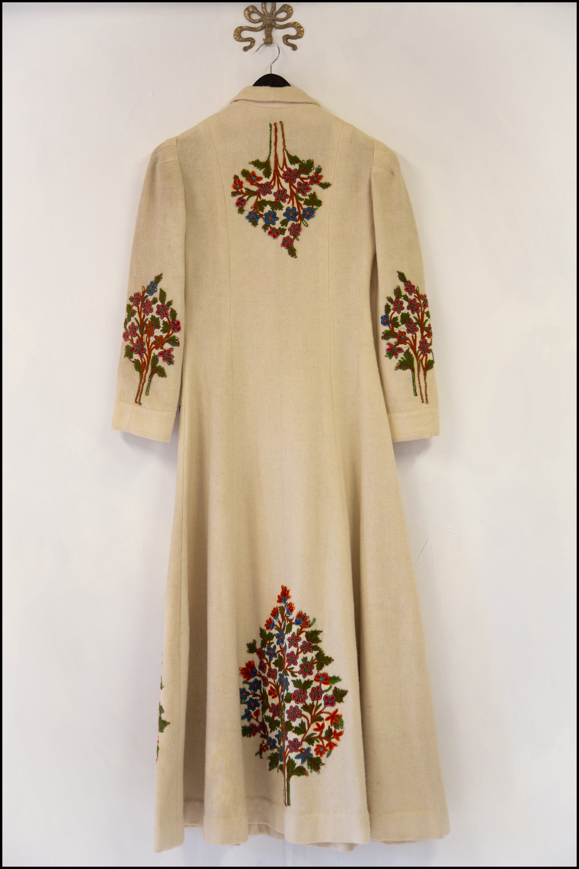 Vintage 1940s Cream Embroidered Wool Maxi Coat