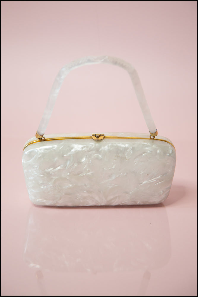 1950s Clutch Handbag Cream White Hand-Beaded Evening Bag by