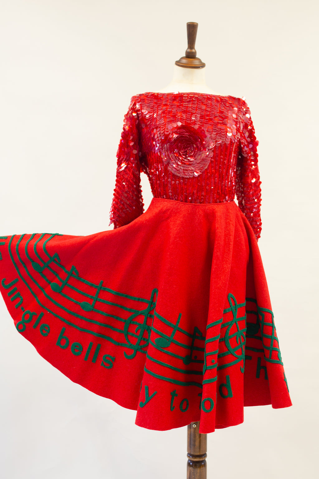 Vintage 1950s Red Wool Festive Musical Skirt