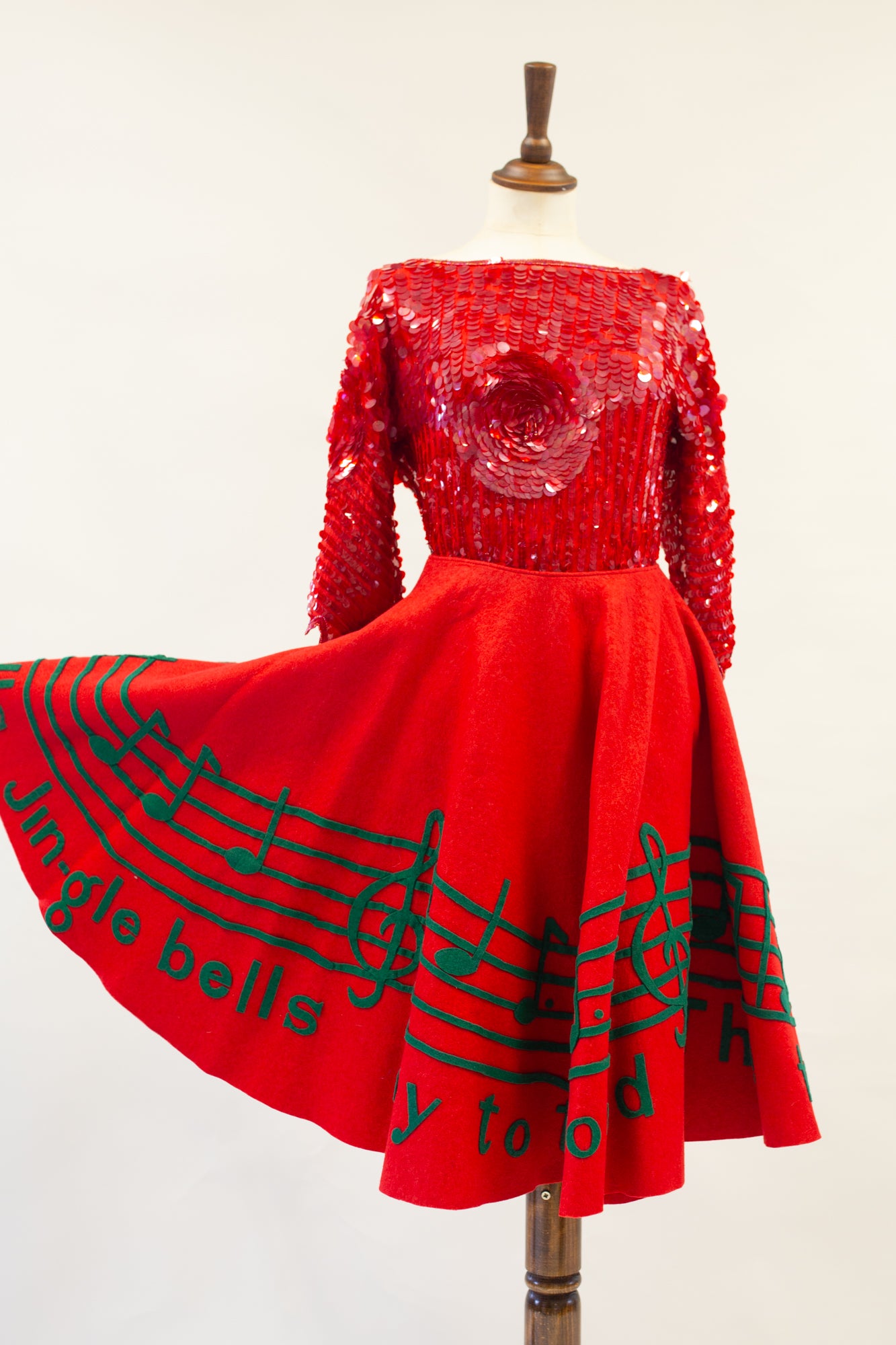 Vintage 1950s Red Wool Festive Musical Skirt