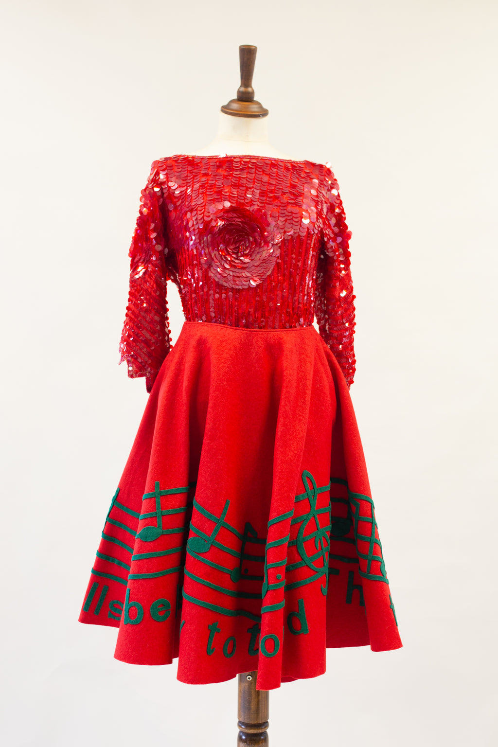 Vintage 1950s Red Wool Festive Musical Skirt