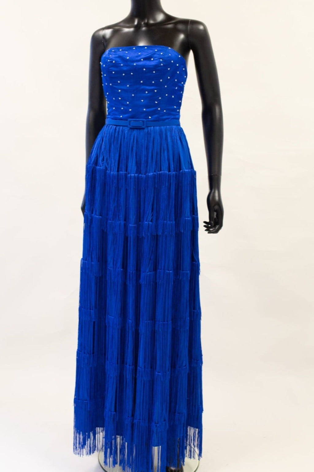 royal blue silk tasselled bandeau gown with swarovski crystal bodice by alexandra king made in somerset uk