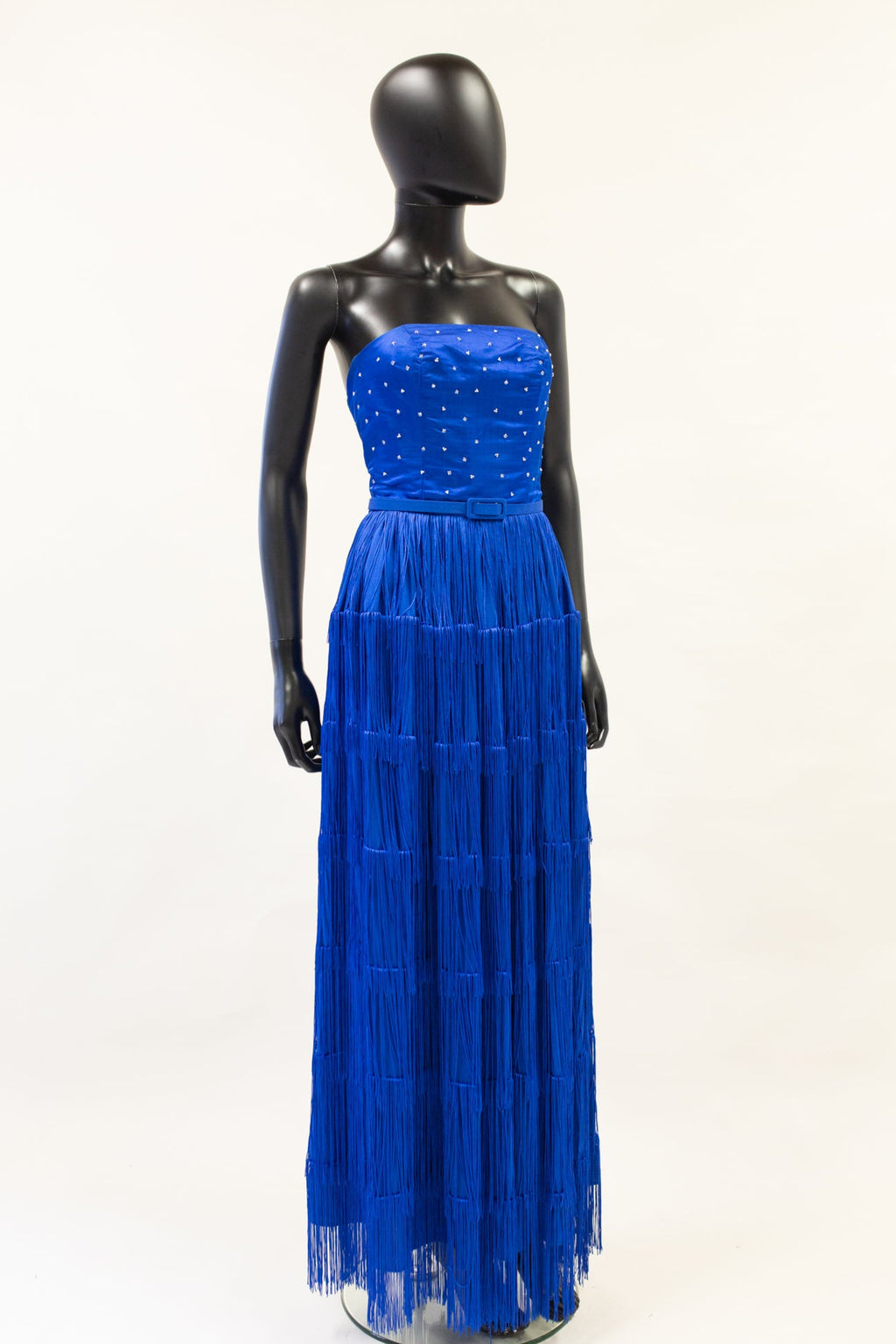 lapis blue silk fringed evening gown by alexandra king 