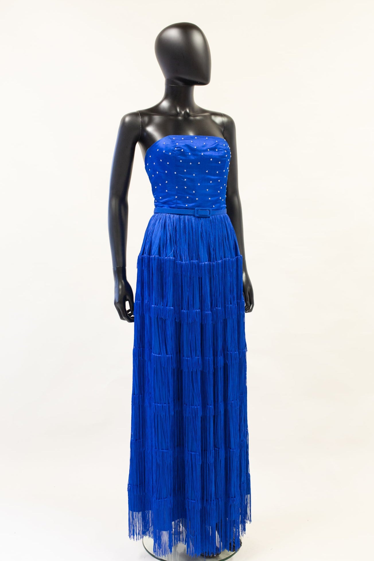 lapis blue silk fringed evening gown by alexandra king 