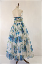 Vintage 1950s Blue Rose Ballgown Dress