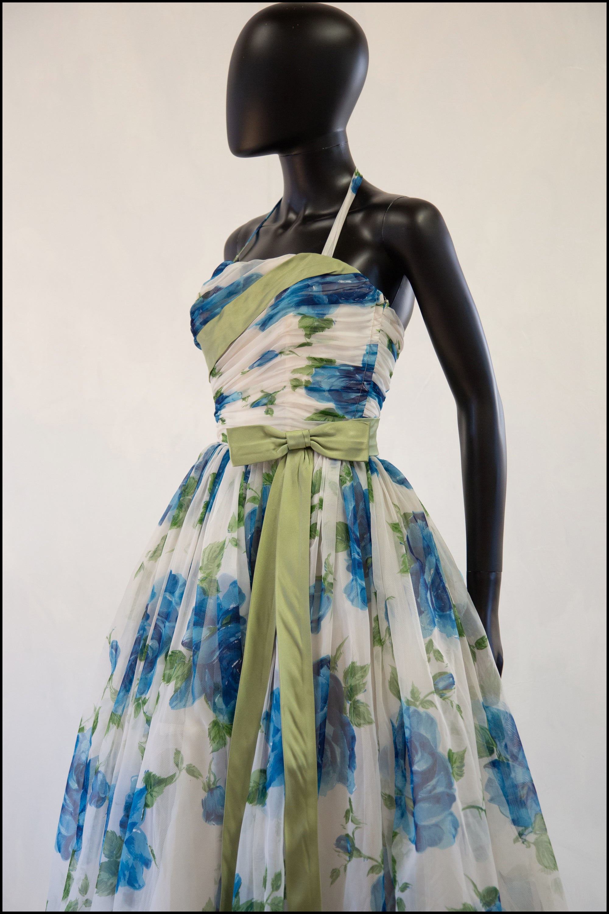 Vintage 1950s Blue Rose Ballgown Dress