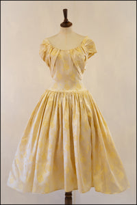 Vintage 1950s Cream Rose Damask Dress