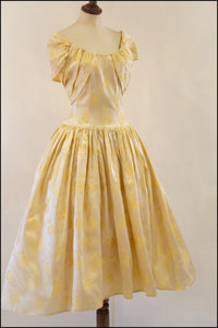 Vintage 1950s Cream Rose Damask Dress
