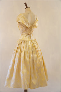 Vintage 1950s Cream Rose Damask Dress