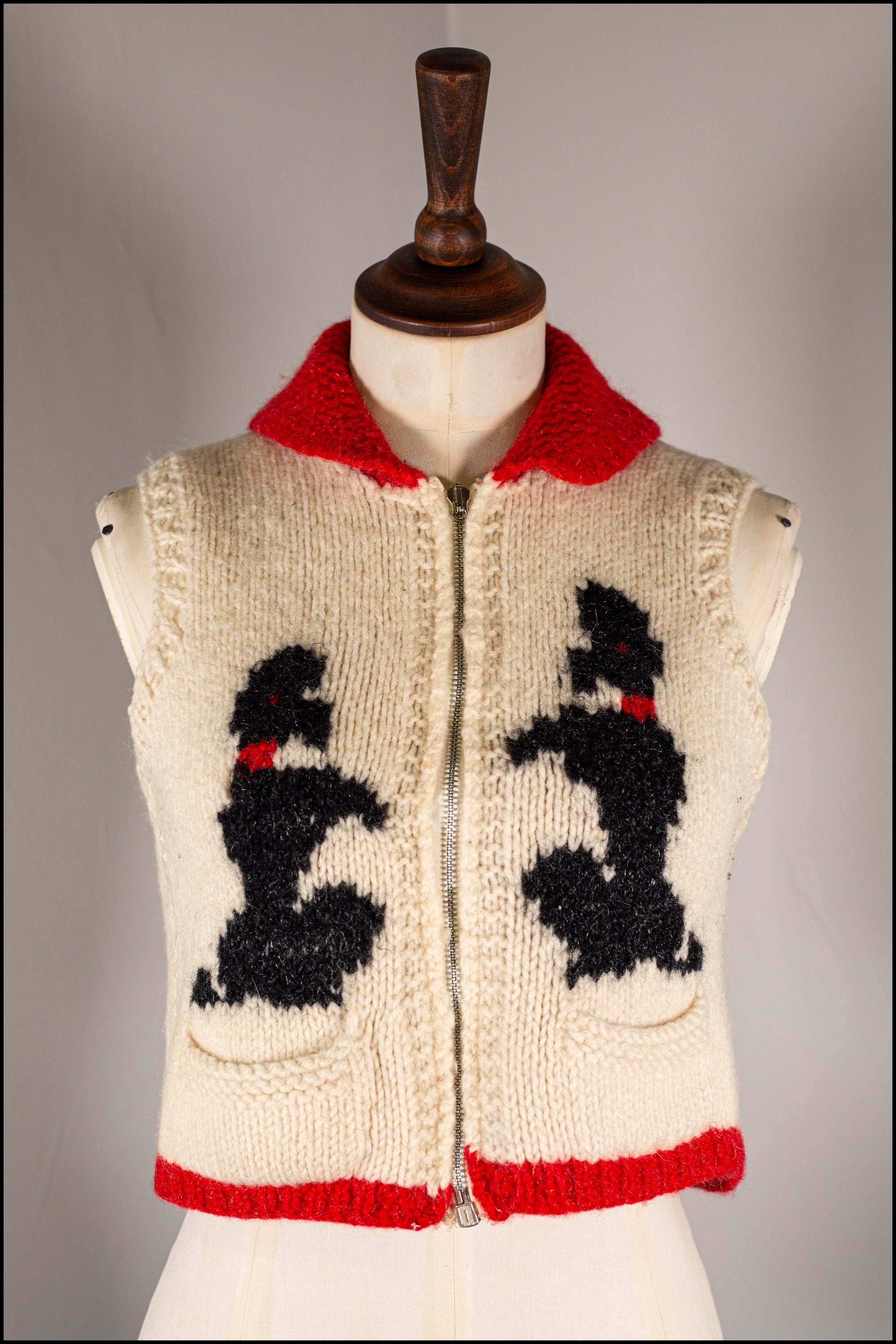 Vintage 1950s Hand Knitted Cream Poodle Waistcoat Cardigan