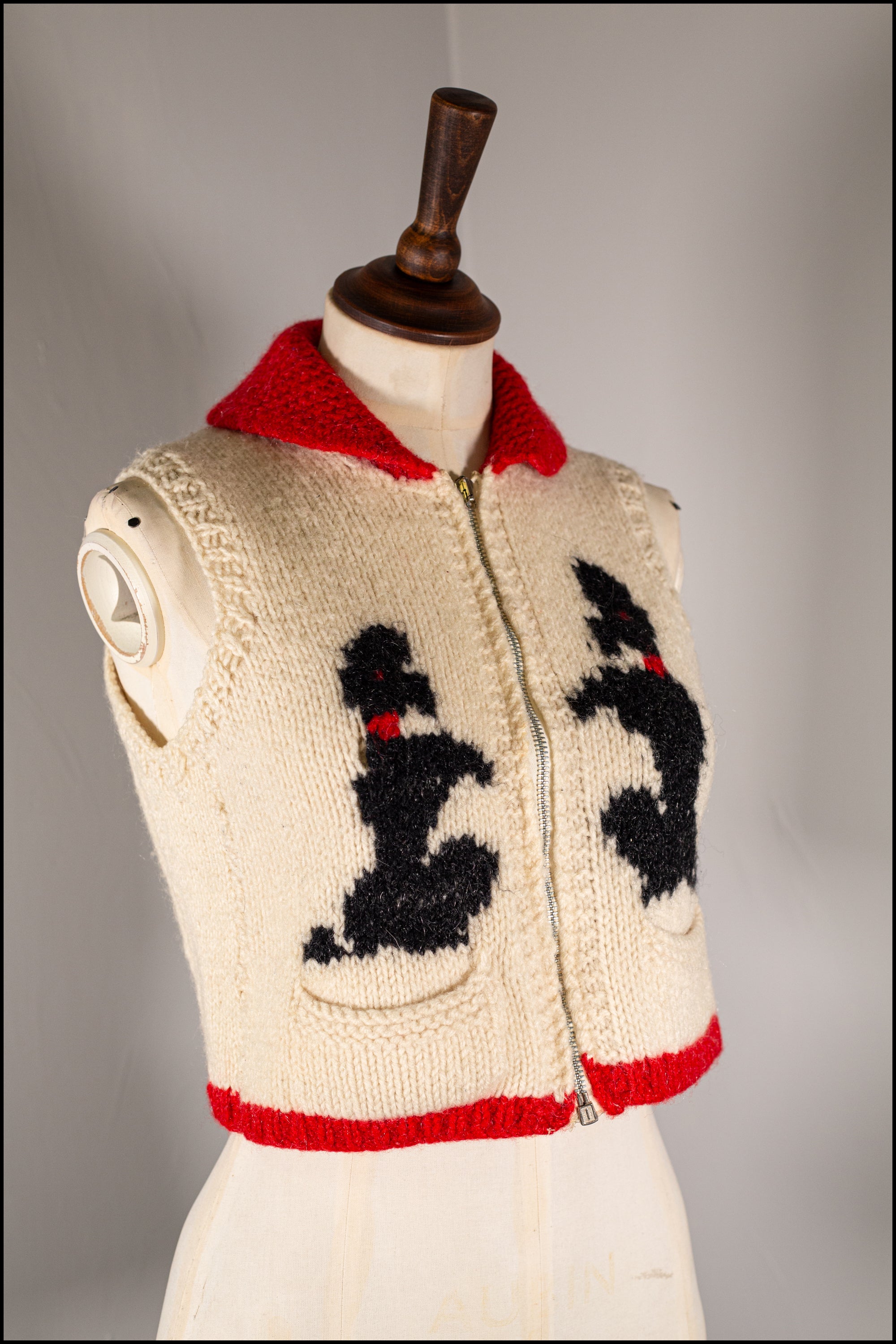 Vintage 1950s Hand Knitted Cream Poodle Waistcoat Cardigan