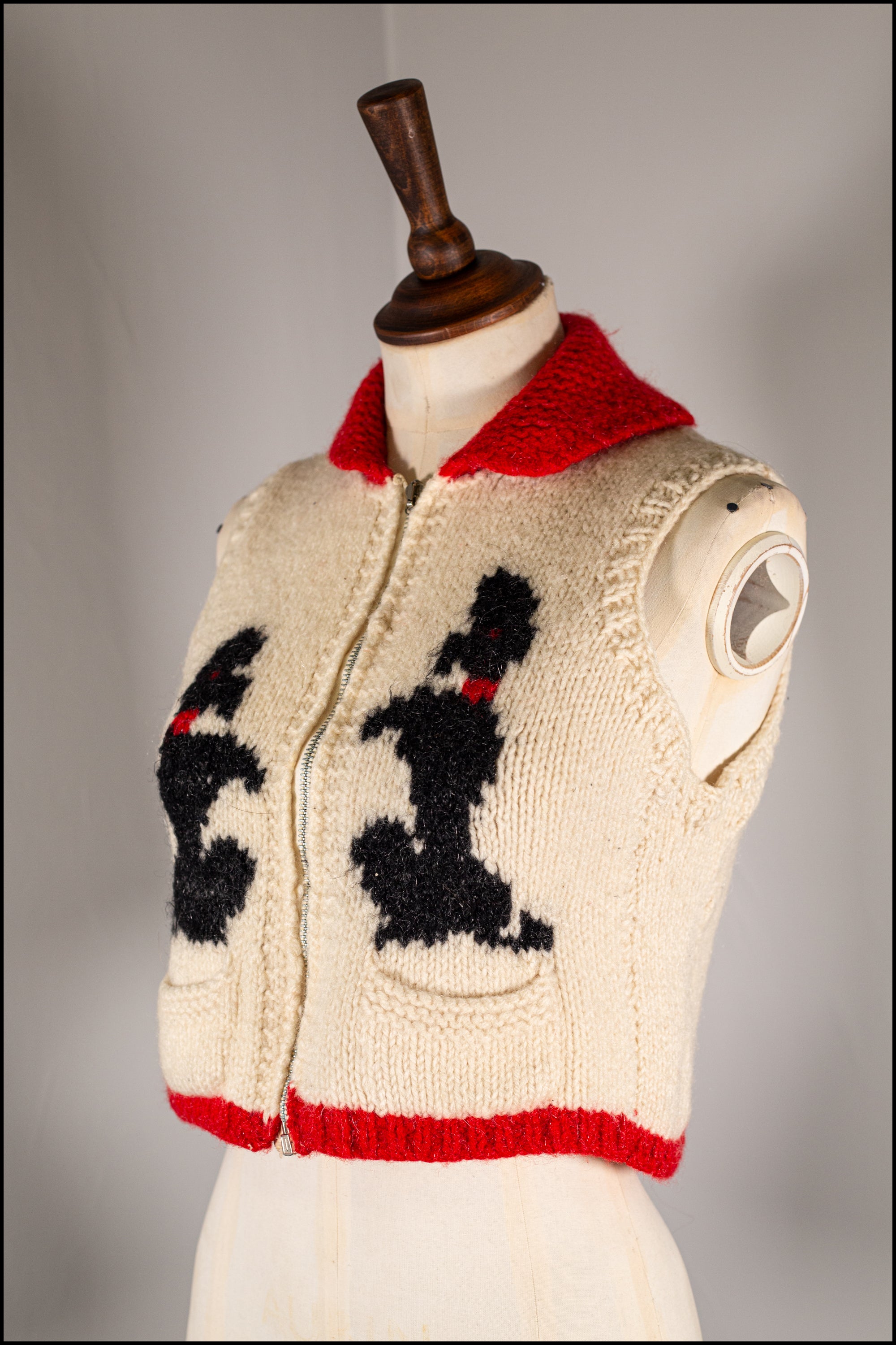 Vintage 1950s Hand Knitted Cream Poodle Waistcoat Cardigan