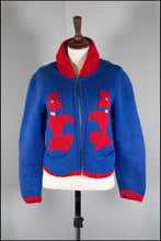 vintage 1950s blue red hand knitted poodle cardigan