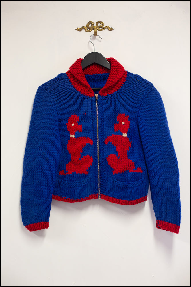 vintage 1950s blue red hand knitted poodle cardigan
