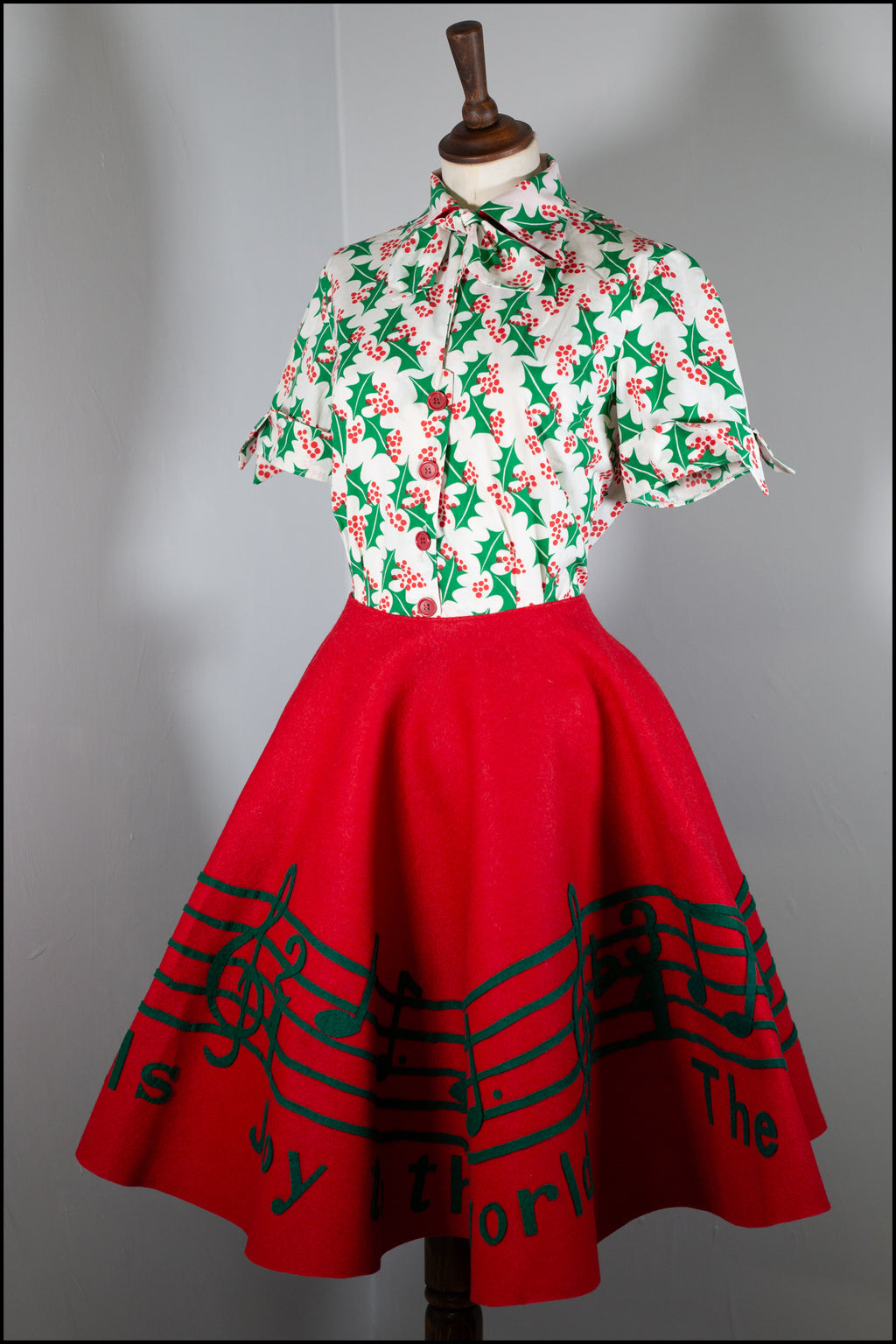 Vintage 1950s Red Wool Festive Musical Skirt