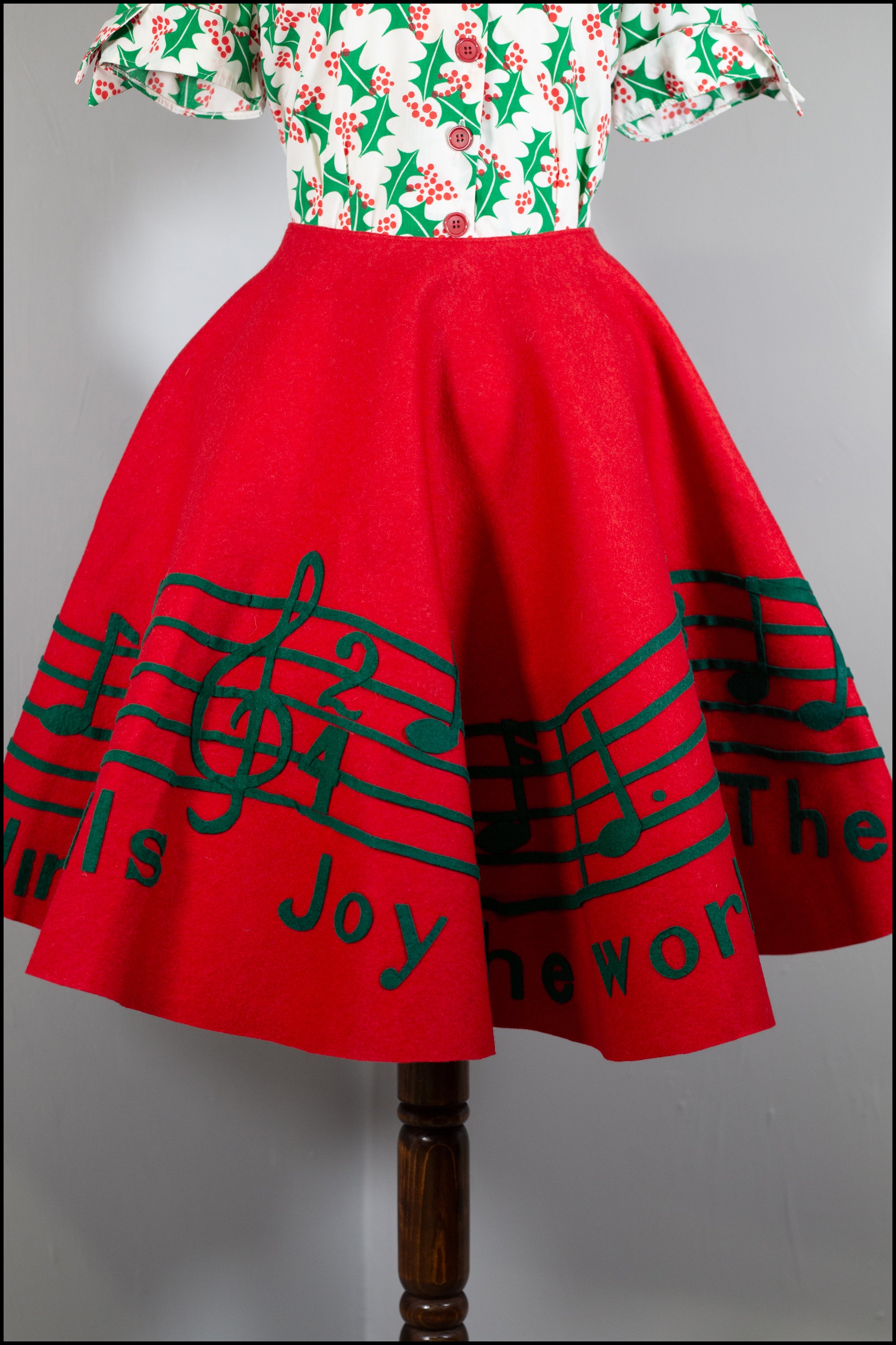 Vintage 1950s Red Wool Festive Musical Skirt