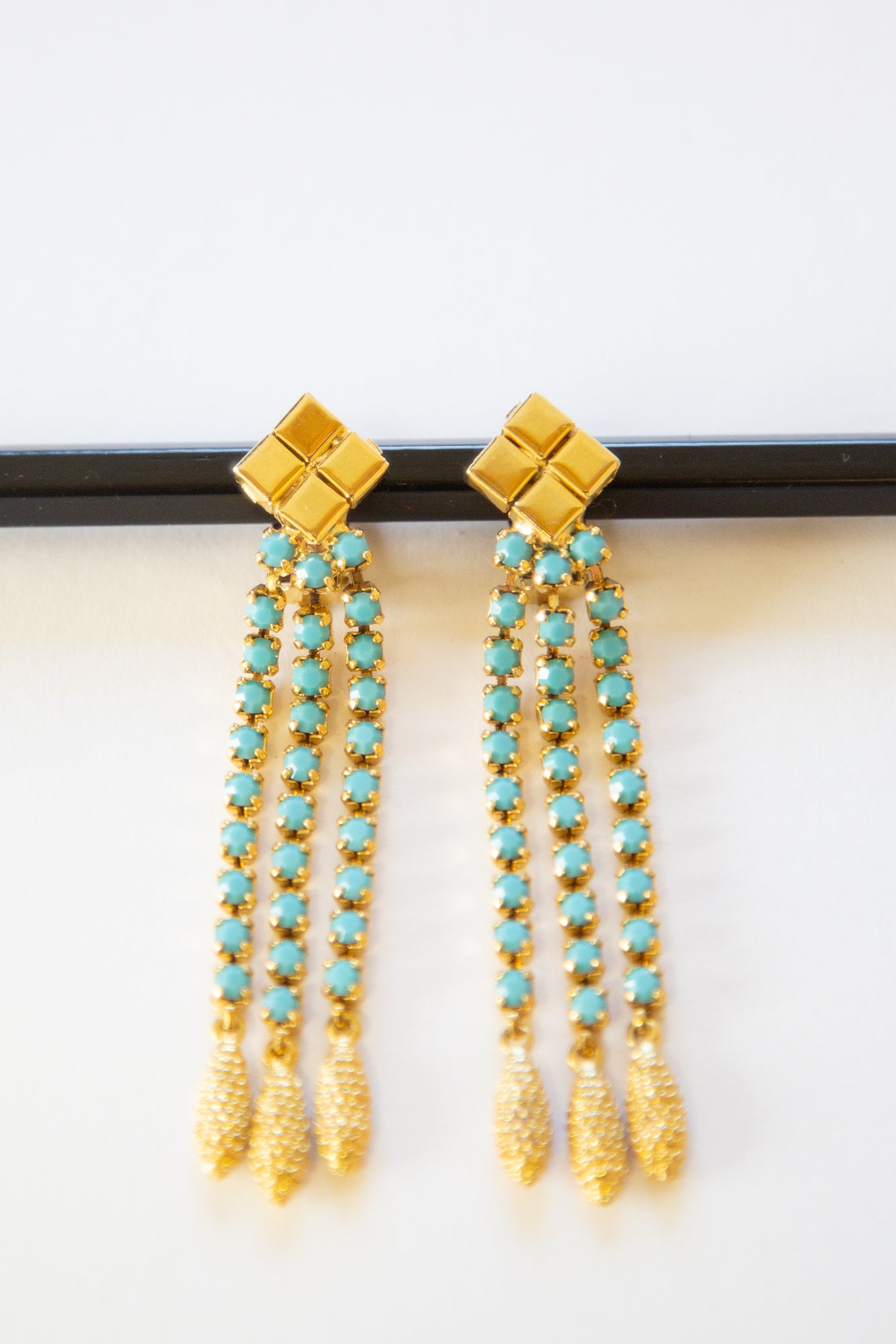 Vintage 1970s Turquoise Gold Tassel Earrings