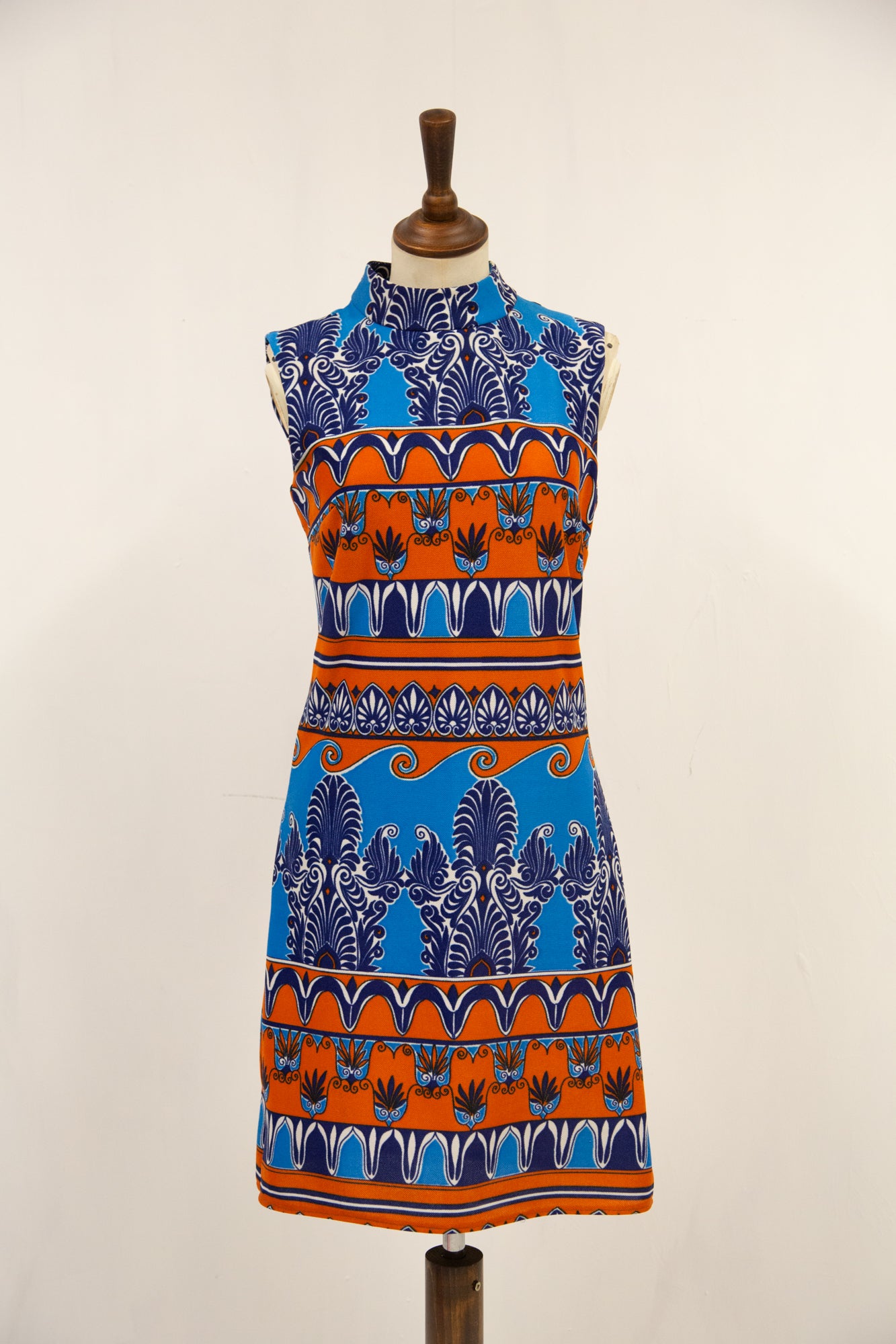 vintage 70s printed mini mod dress blue and orange Alexandra King