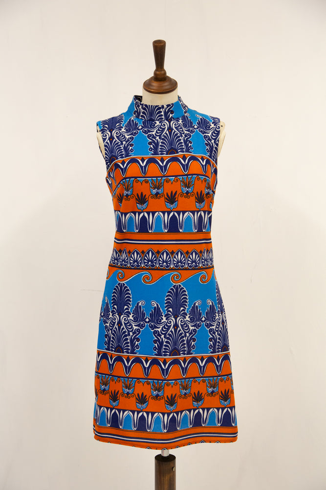 vintage 70s printed mini mod dress blue and orange Alexandra King