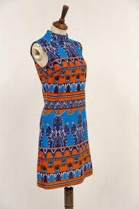 Vintage 1970s Blue Printed Mini Dress