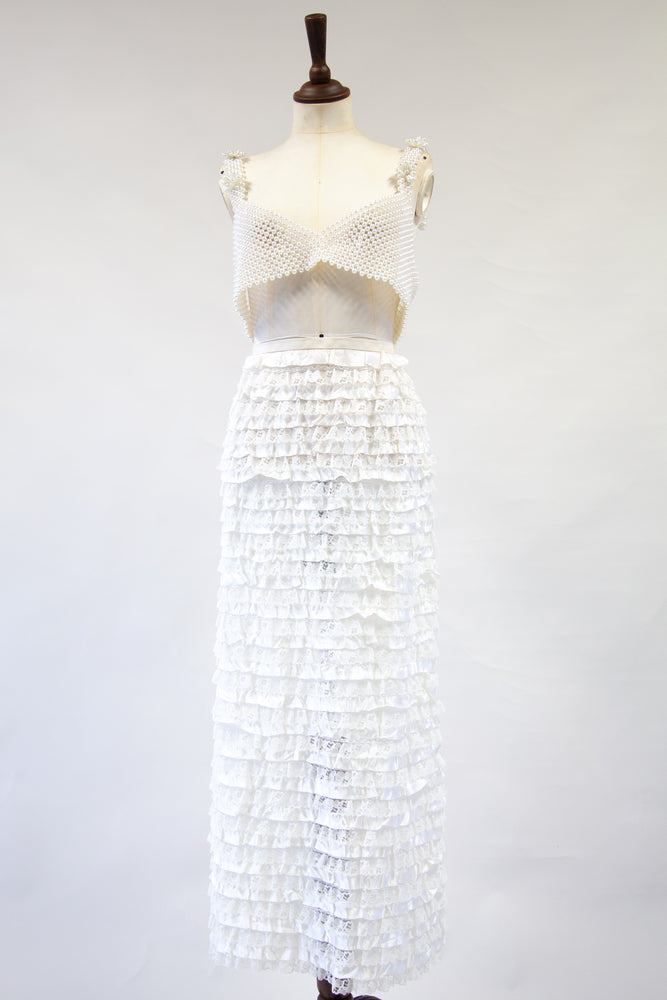 Vintage 1960s White Ruffle Maxi Skirt