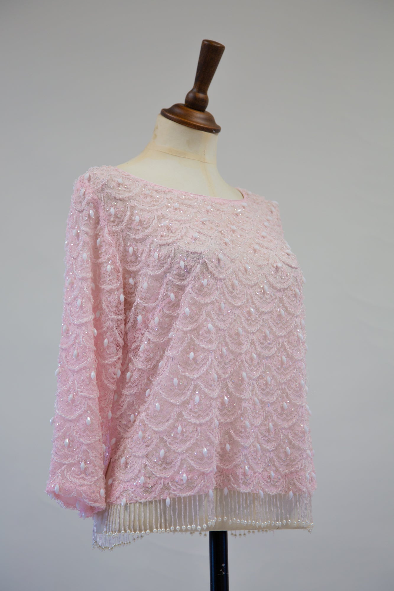 vintage 60s pink beaded top with sleeves Alexandra King