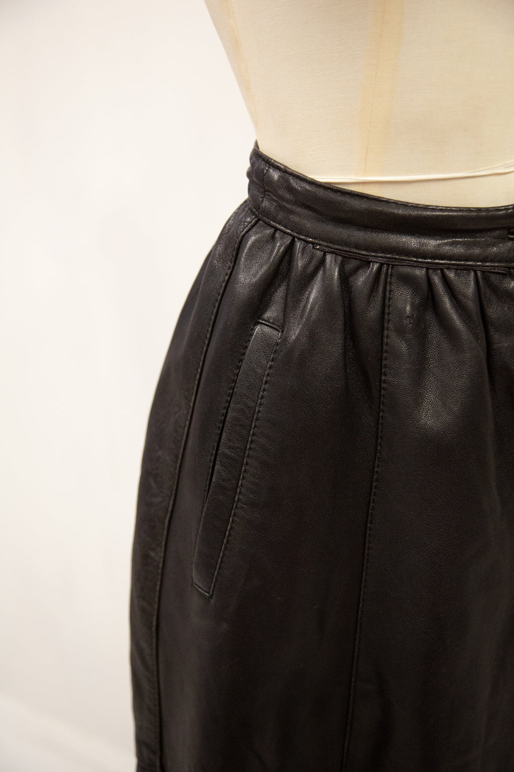 Vintage 1980s Black Leather Full Midi Skirt