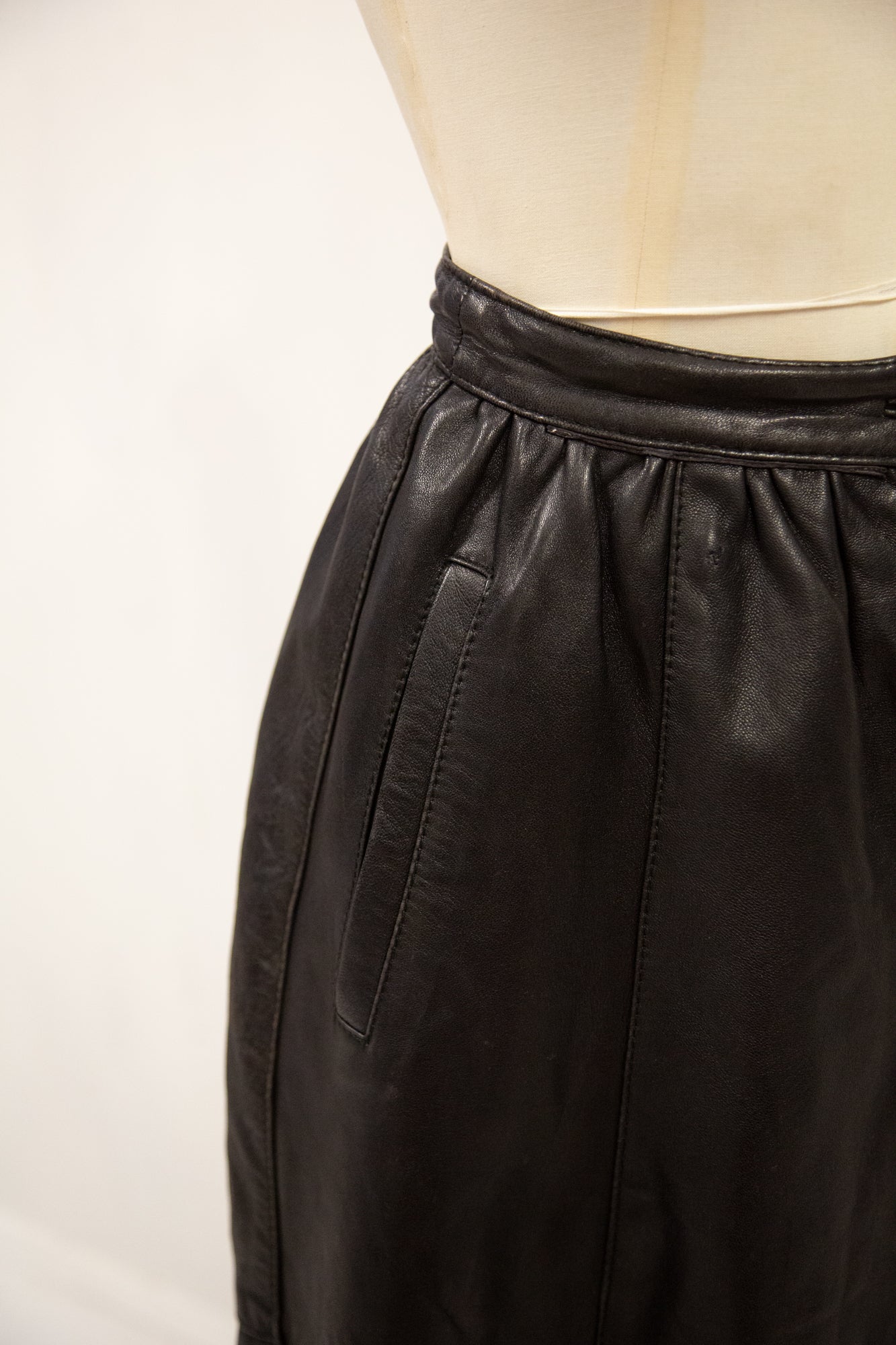 Vintage 1980s Black Leather Full Midi Skirt