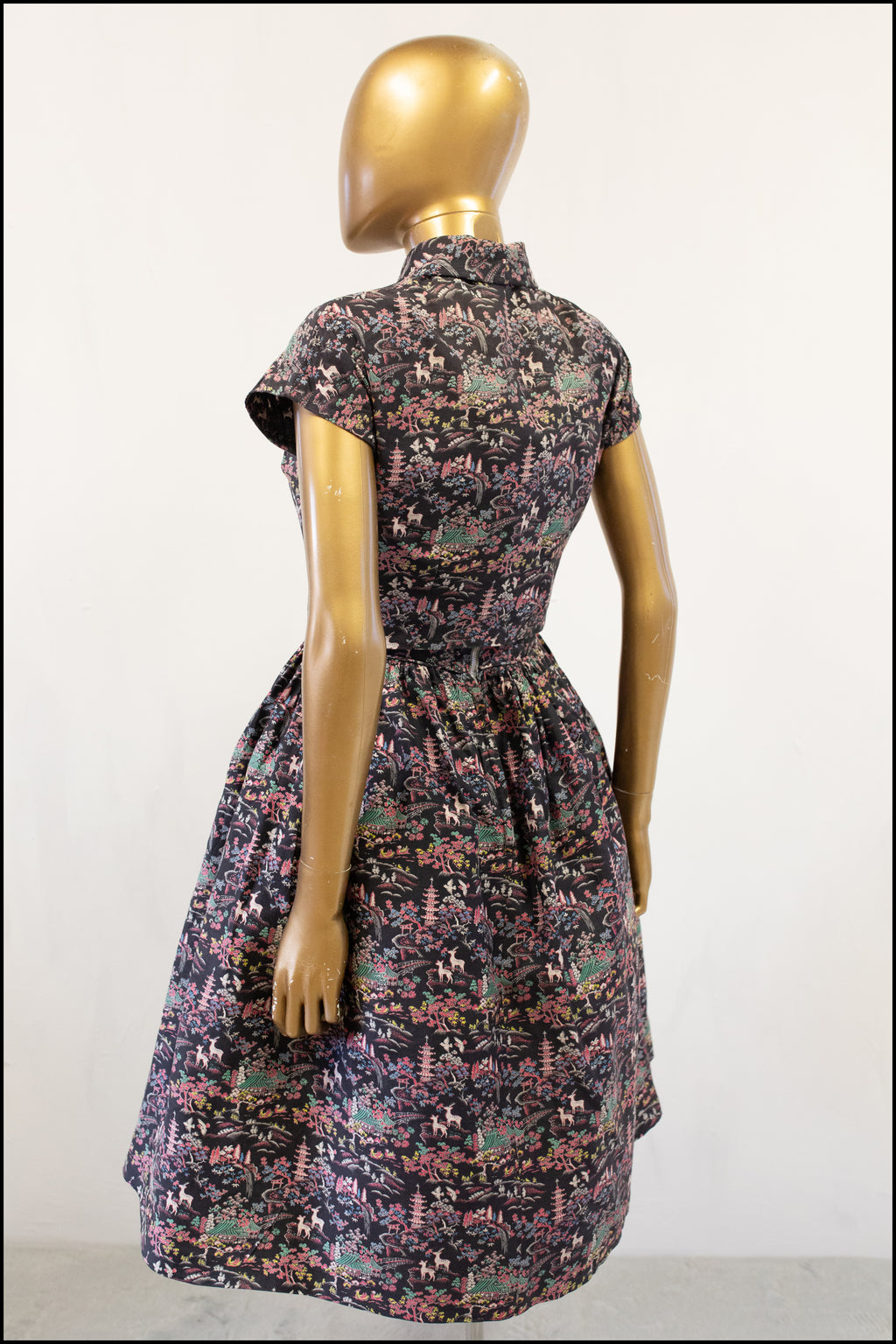 Vintage 1950s Black Japanese Print Cotton Dress Set