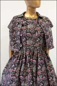 Vintage 1950s Black Japanese Print Cotton Dress Set
