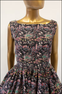 Vintage 1950s Black Japanese Print Cotton Dress Set