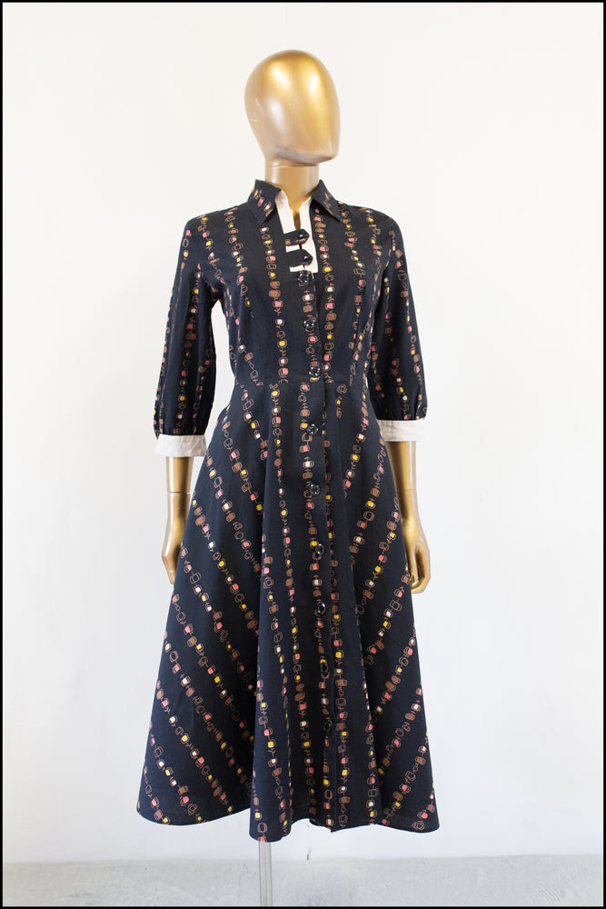 vintage 1950s black cotton shirt dress
