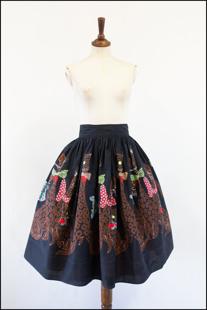 Vintage 1950s Black Novelty Cat Print Skirt