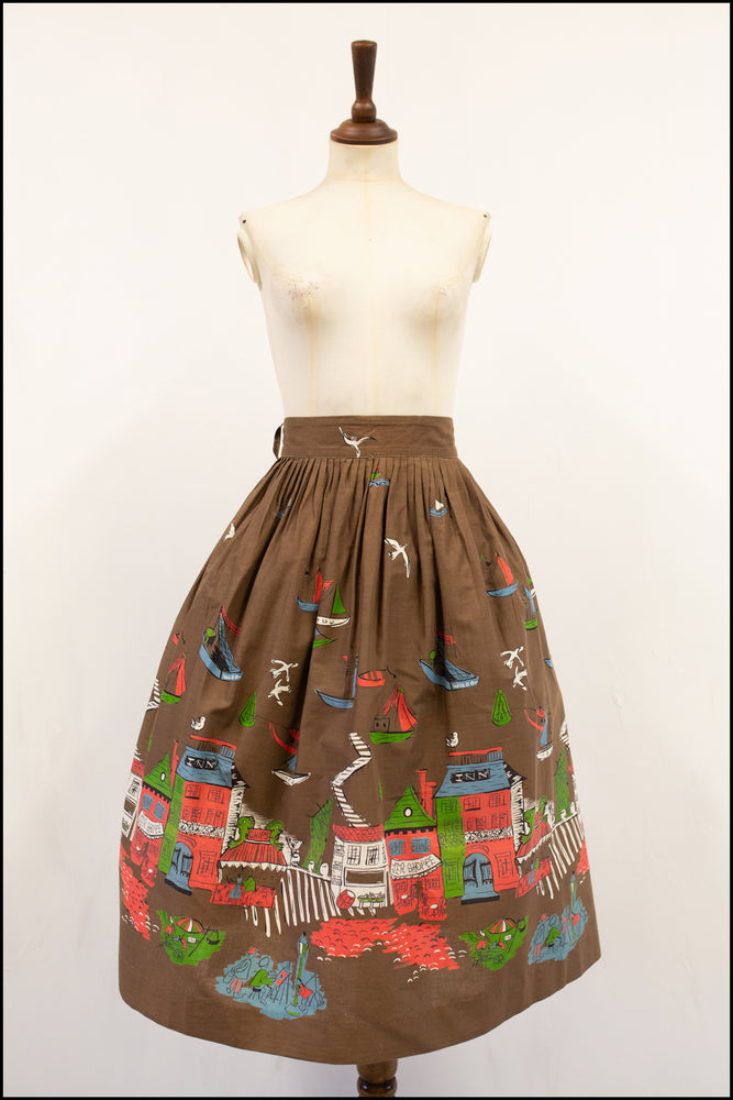 vintage 1950s cotton novelty print full skirt seaside town