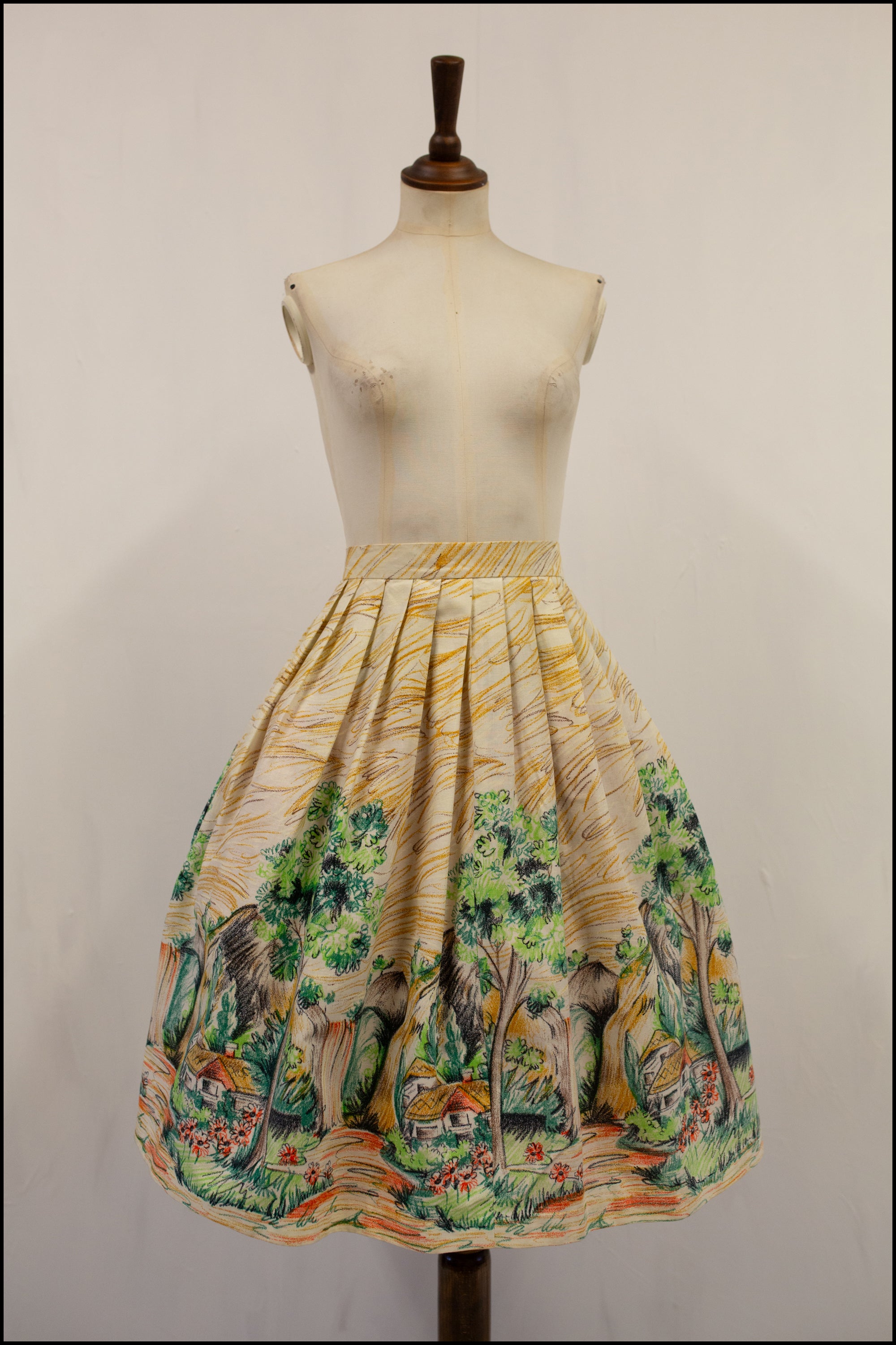 Vintage 1950s 'Cottage in the Woods' Print Midi Skirt