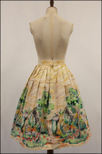 Vintage 1950s 'Cottage in the Woods' Print Midi Skirt