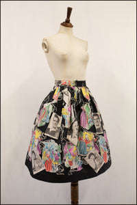 Vintage 1950s Black Hollywood Stars Print Skirt