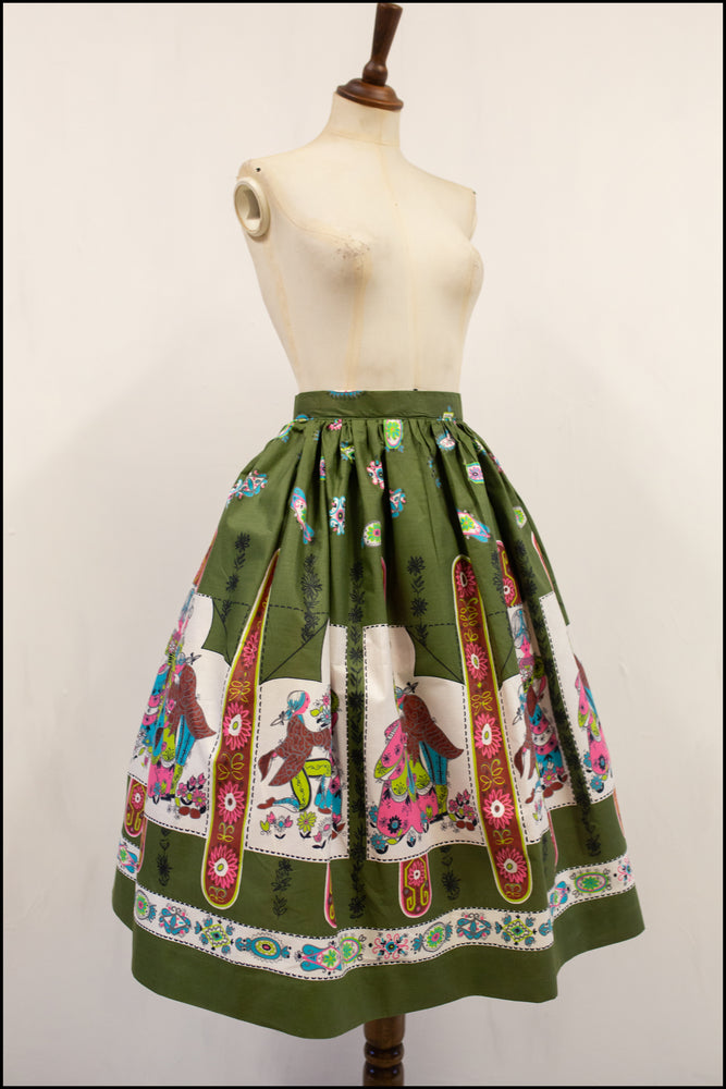 Vintage 1960s Green Romance Print Skirt