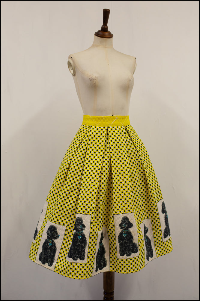 Vintage 1950s Yellow Searsucker Poodle Print Skirt