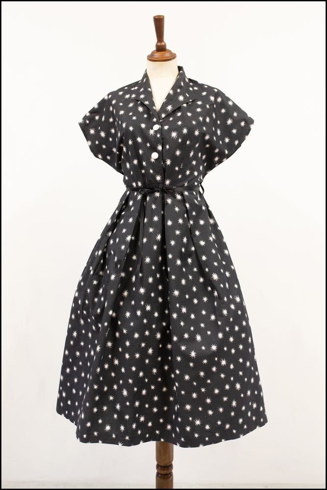 vintage 1950s black star print cotton shirt dress