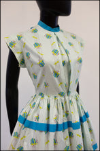 Vintage 1950s Blue 'Present' Bow Print Dress