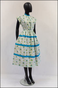 Vintage 1950s Blue 'Present' Bow Print Dress
