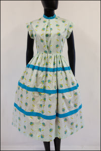 Vintage 1950s Blue 'Present' Bow Print Dress