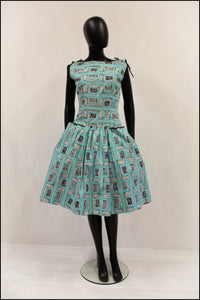 Vintage 1950s Mid Century Print Blue Dress