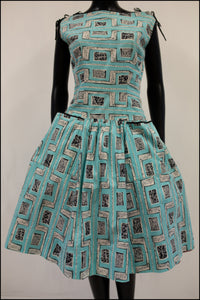 Vintage 1950s Mid Century Print Blue Dress